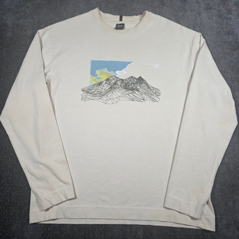 Vtg Y2K Oakley Mens Large Boxy Fit Long Sleeve Graphic T-Shirt Cream Mountain L